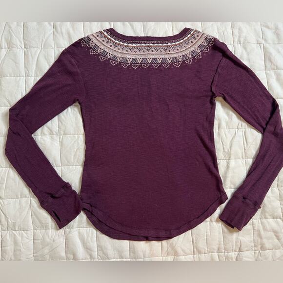 We the Free Fair Isle Embroidered Maroon Thermal Long Sleeve Top - Small - Picture 3 of 8